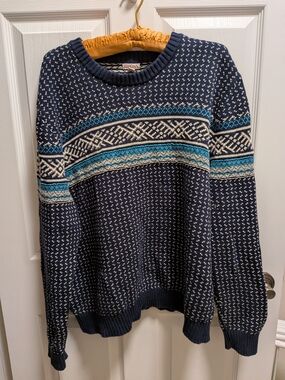 Merona Navy Cotton Fair Isle Crewneck Sweater w/ Teal & Cream Accents Size XXL
